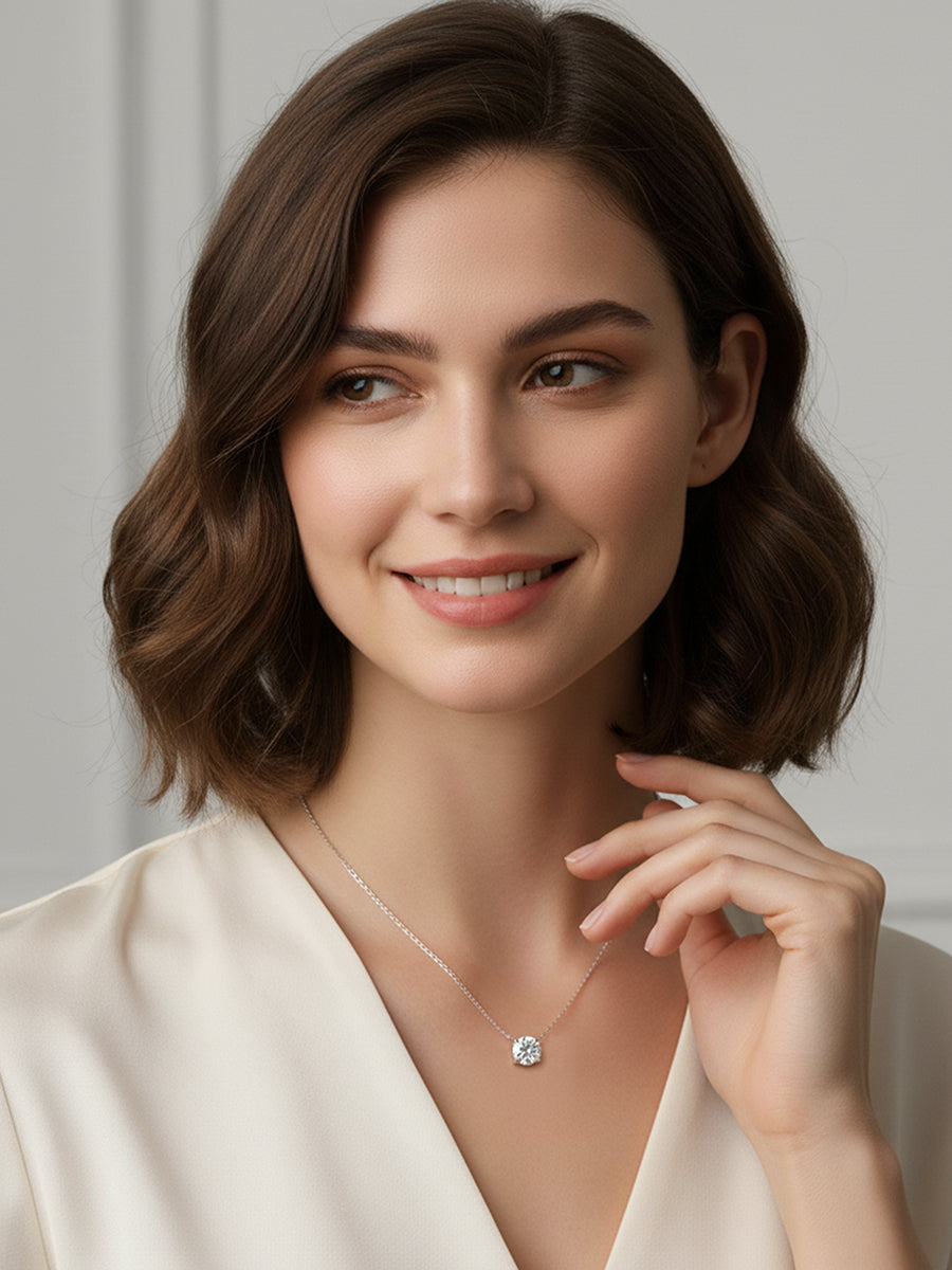 14K Solid Gold Round Brilliant Moissanite Pendant Necklace