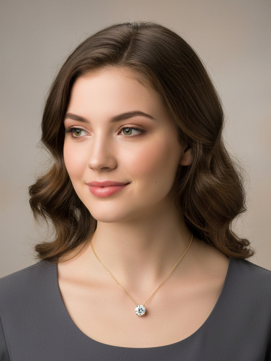 14K Solid Gold Round Brilliant Moissanite Pendant Necklace