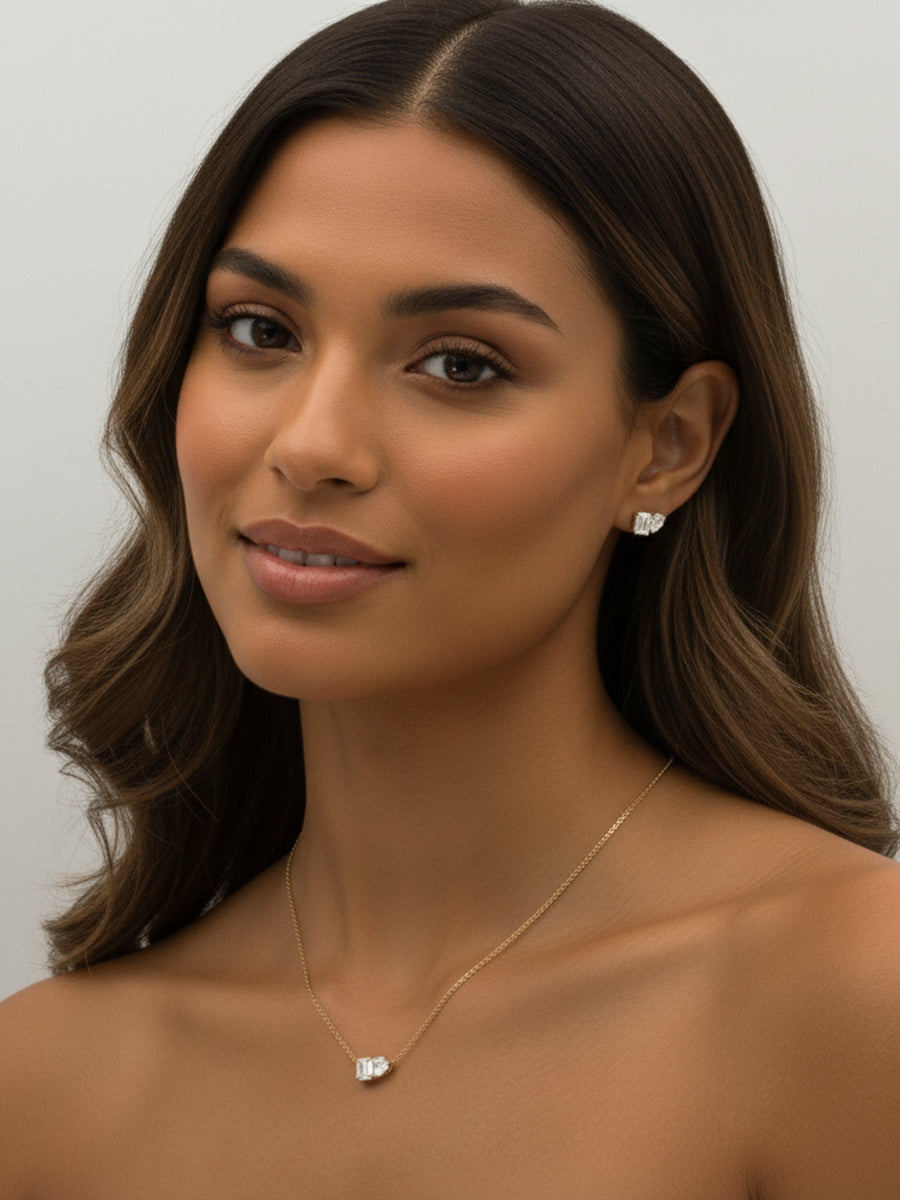 14K Solid Gold Toi et Moi Moissanite Pendant Necklace