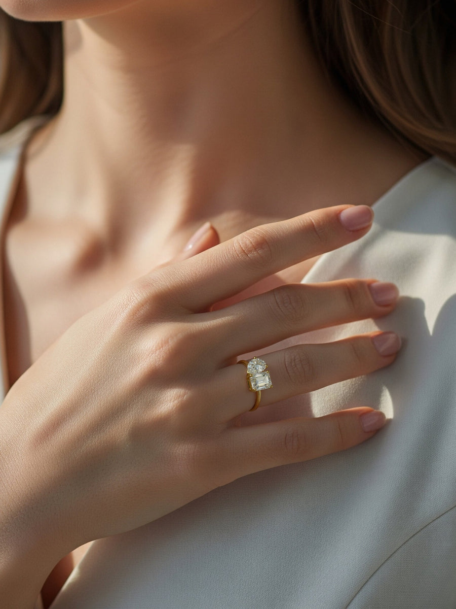 14K Solid Gold Toi et Moi Moissanite Engagement Ring