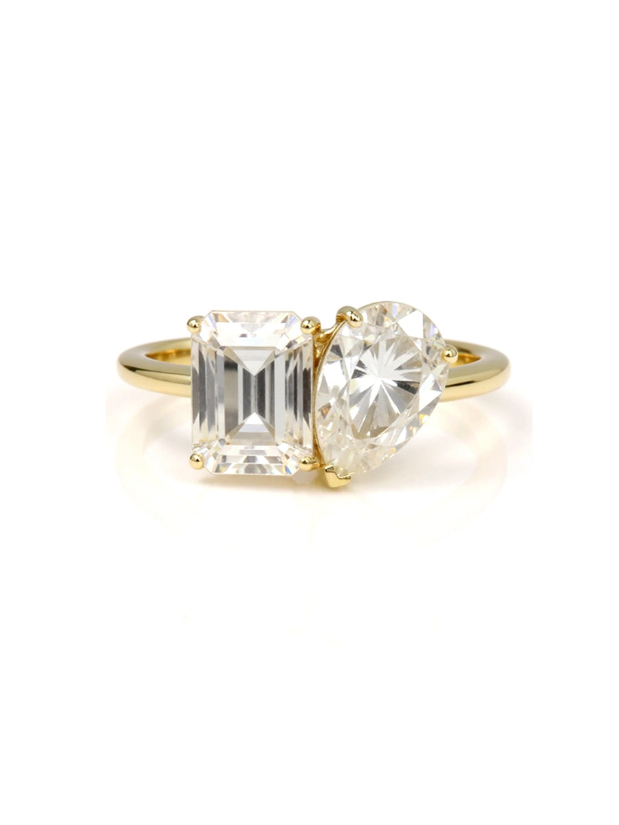 14K Solid Gold Toi et Moi Moissanite Engagement Ring