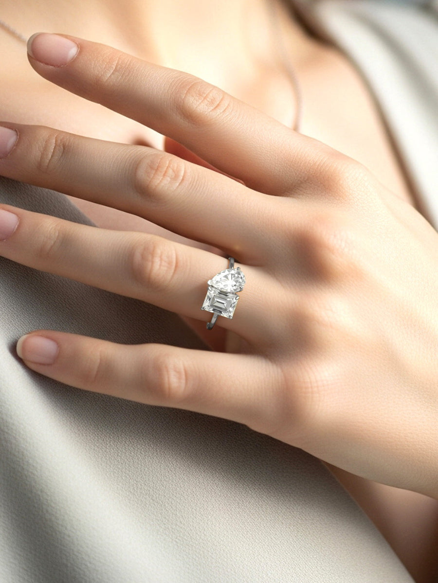 14K Solid Gold Toi et Moi Moissanite Engagement Ring