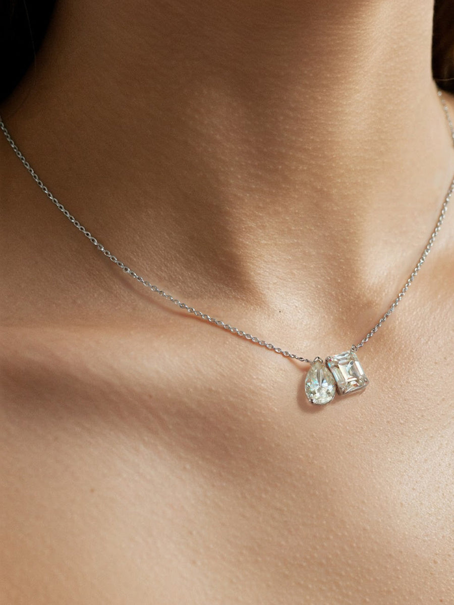 925 Sterling Silver Toi et Moi Moissanite Pendant Necklace