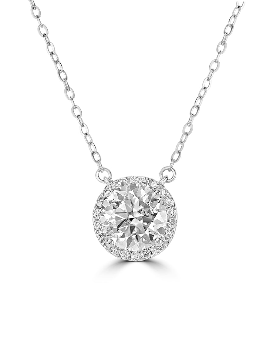 14K Solid White Round Cut Moissanite Halo Setting Necklace