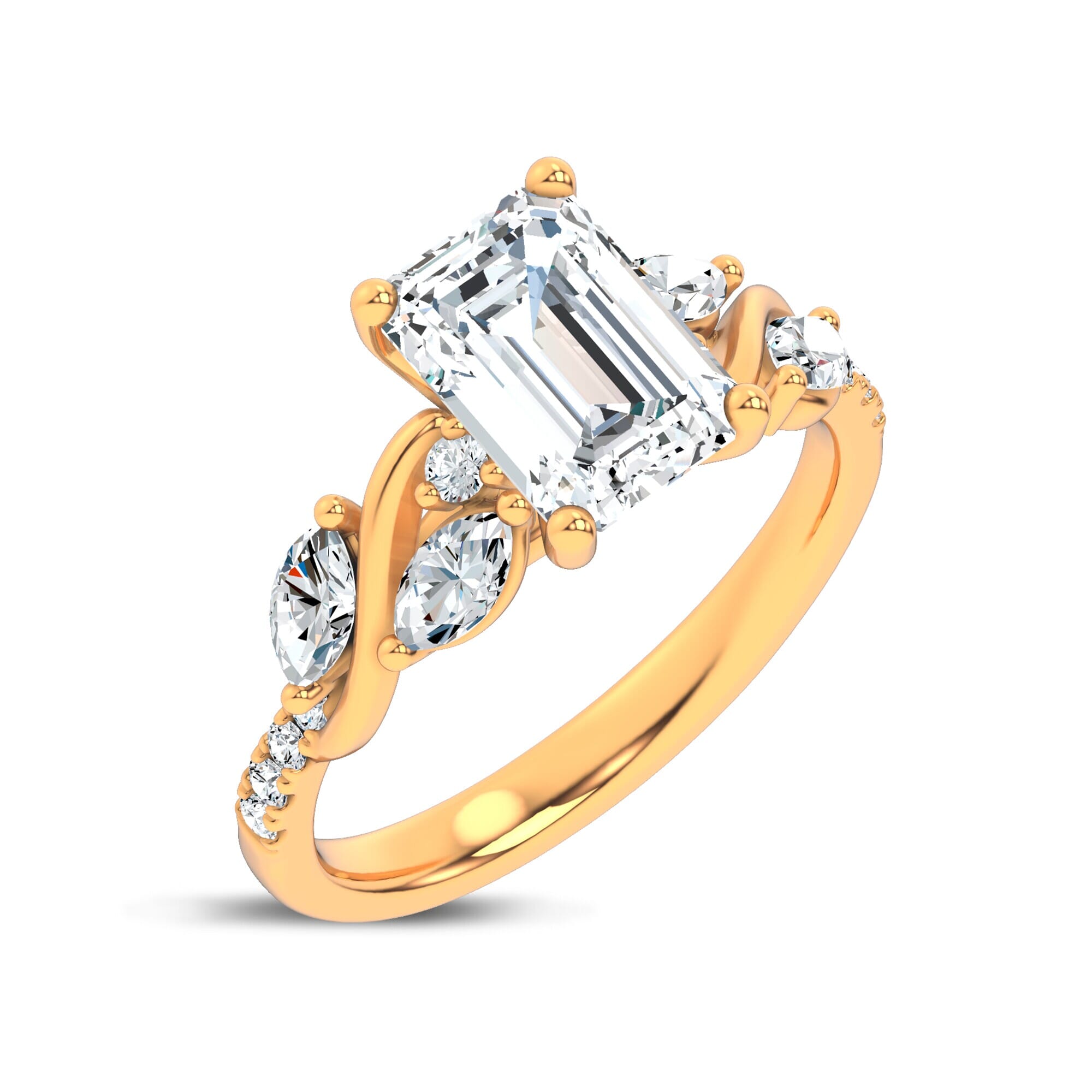 Curved Vine Diamond Emerald Engagement Ring