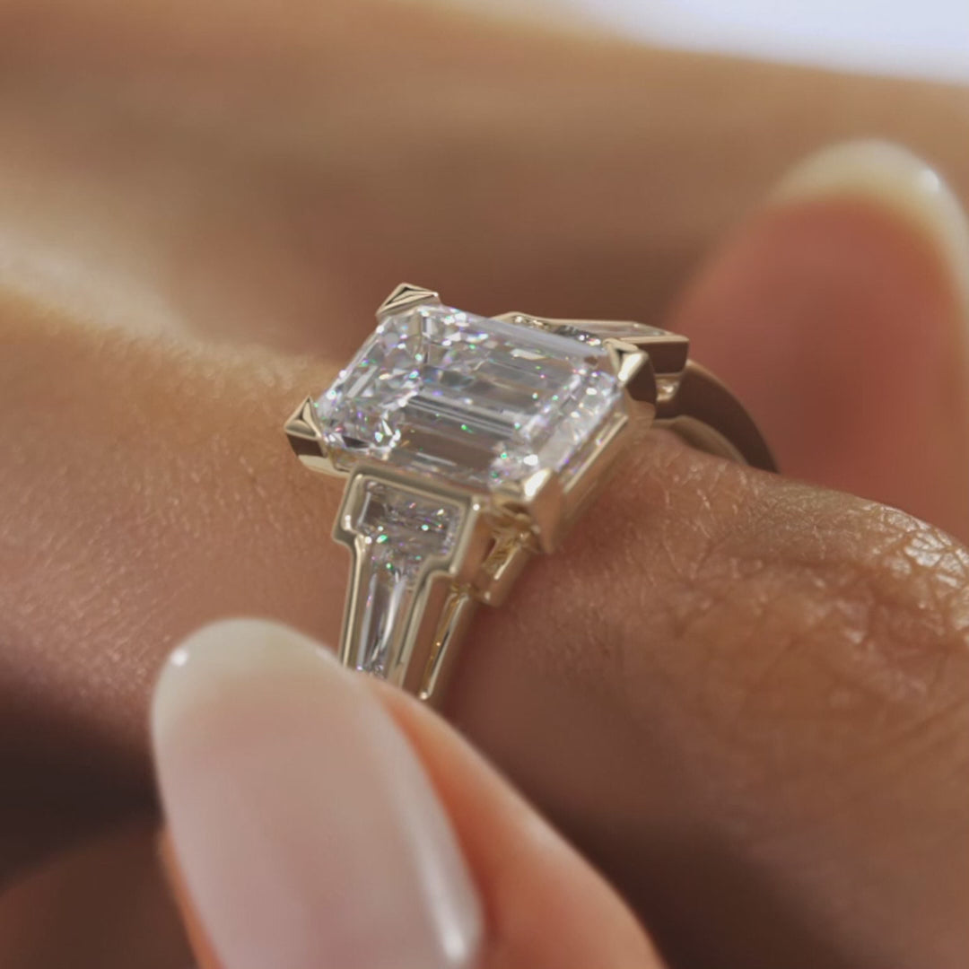 Art Deco Inspired Emerald Five Stone Engagement Ring with Tapered Baguettes