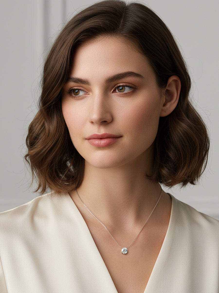 14K Solid Gold Round Brilliant Moissanite Pendant Necklace