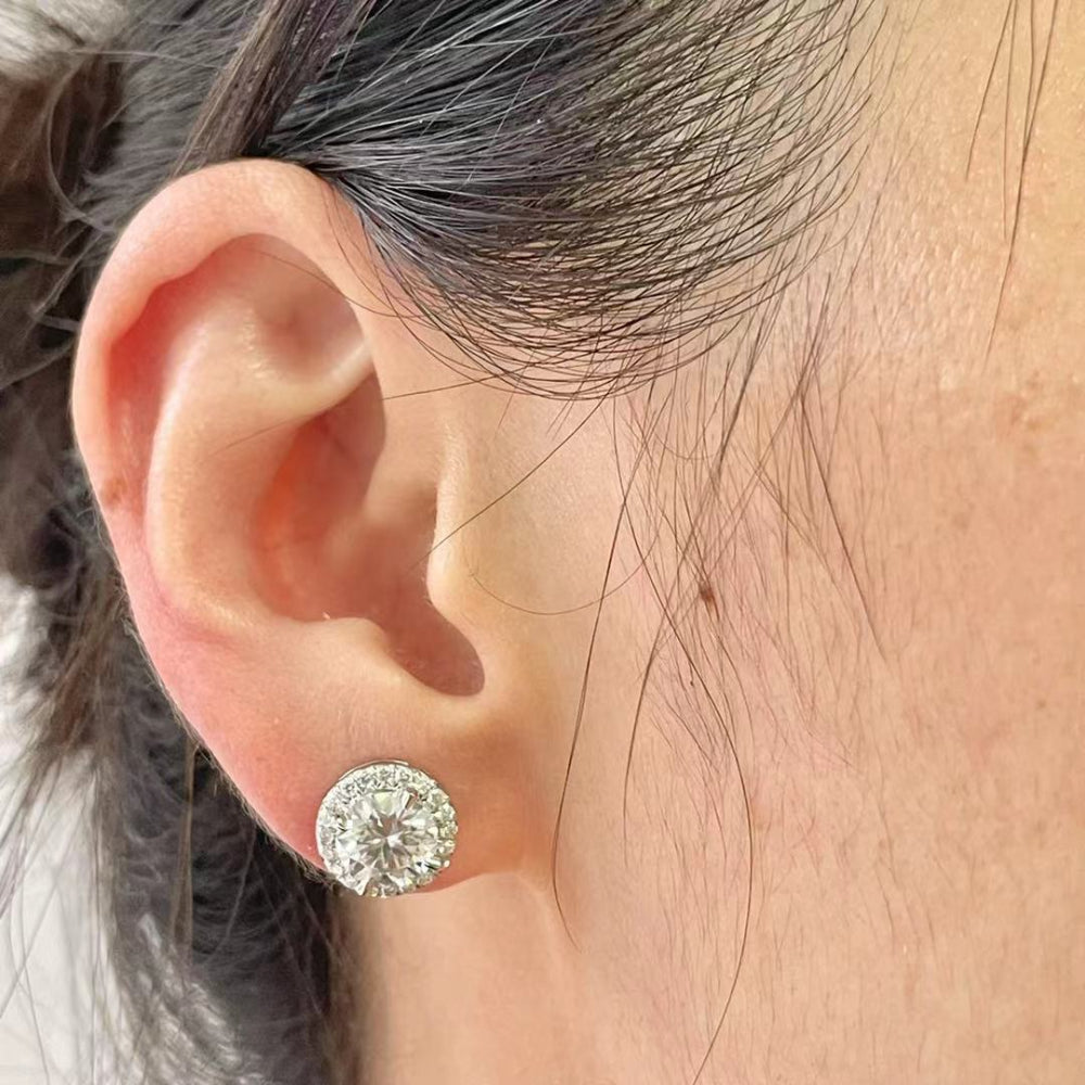 14K Solid Gold Moissanite Halo Studs Earrings