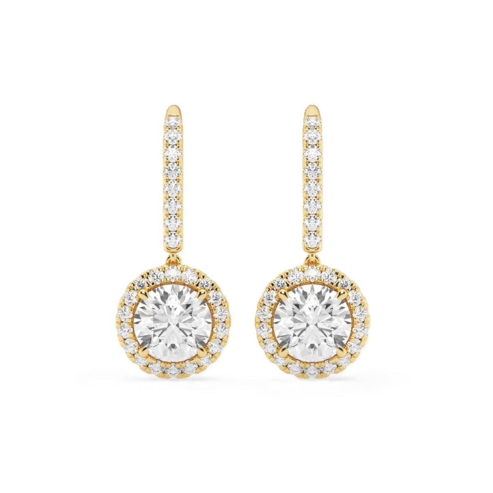 18K Yellow Gold Round Moissanite Halo Setting Drop Earrings