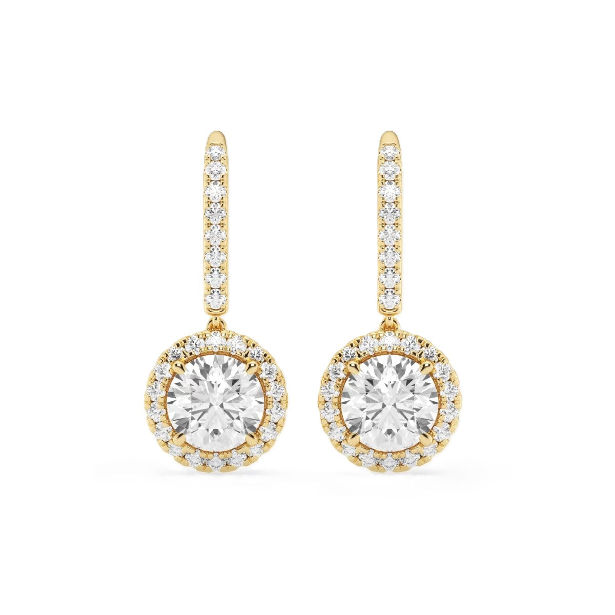 18K Yellow Gold Round Cut Moissanite Halo Drop Earrings