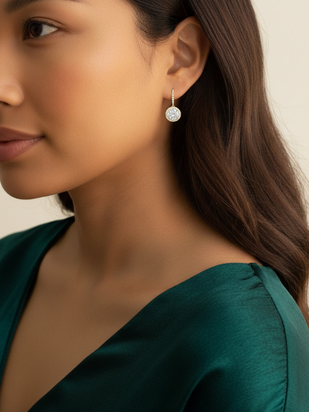 18K Yellow Gold Round Moissanite Halo Setting Drop Earrings