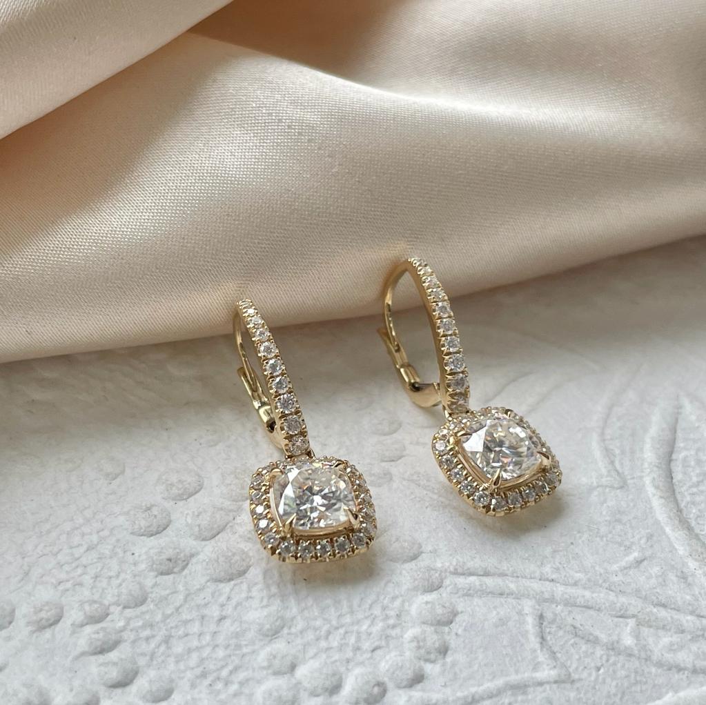 14K Yellow Gold 3.02CTW Moissanite Halo Drop Earrings