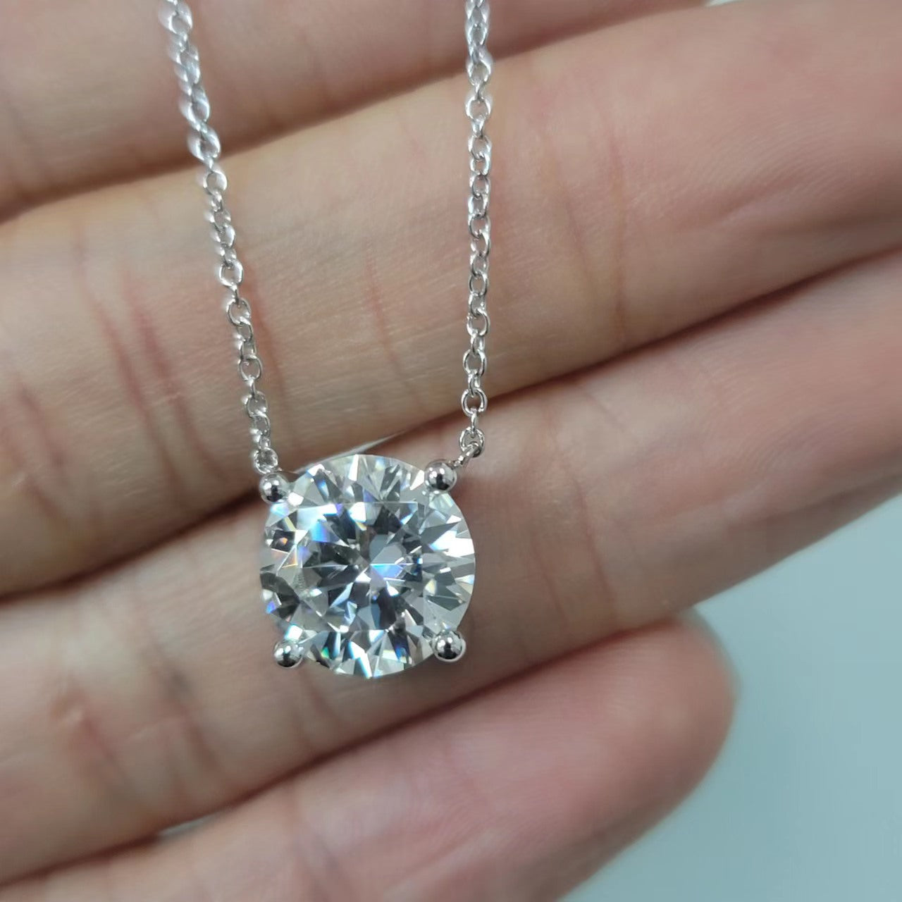 14K Solid White Gold Moissanite Round Cut Pendant Necklace