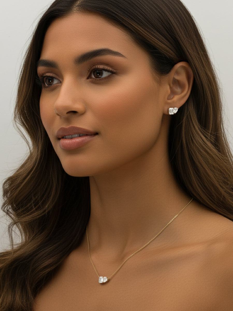 14K Solid Gold Toi et Moi Moissanite Pendant Necklace