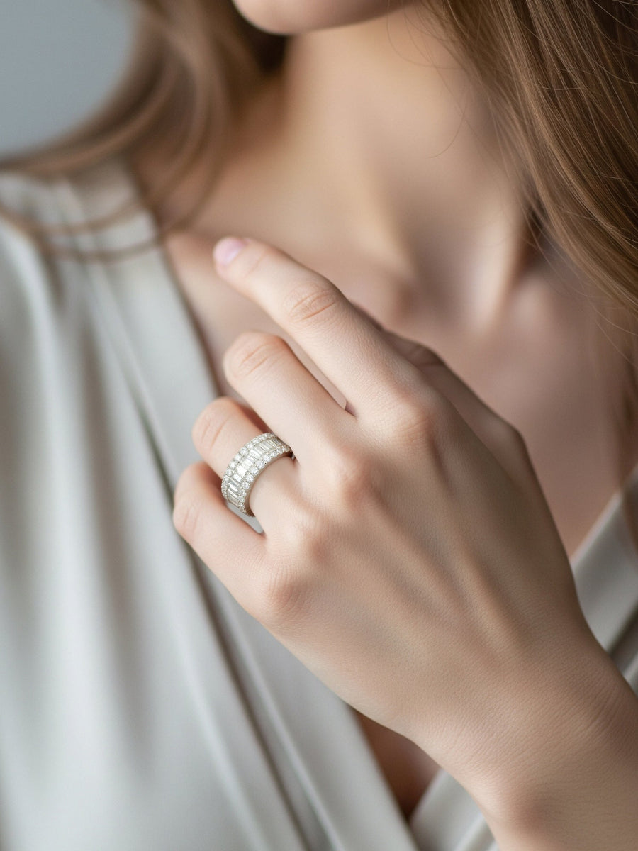 14K Gold 7.8Ctw. Emerald & Round Moissanite Band