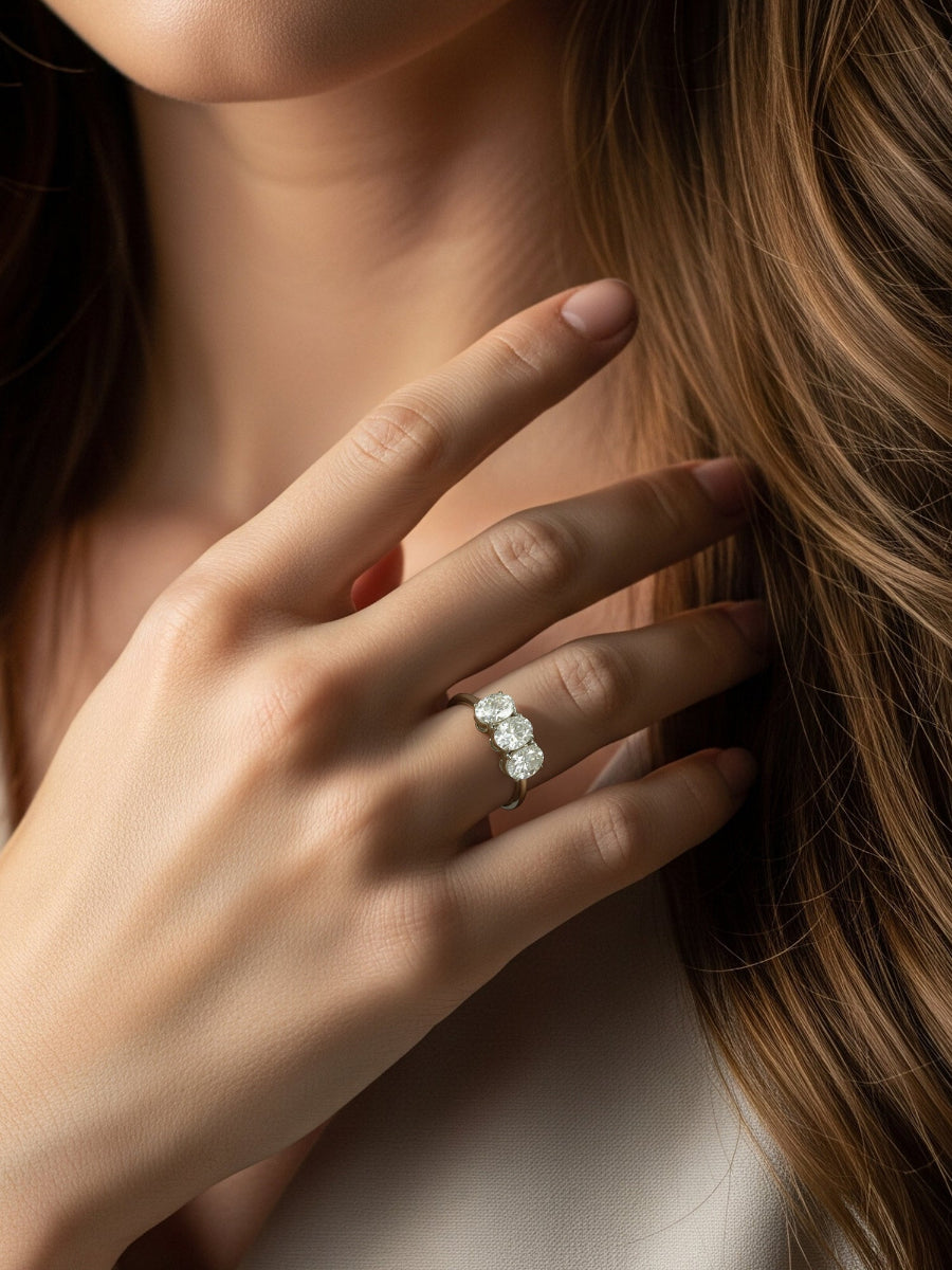 14K Gold 3.0Ctw. Oval Cut Moissanite 3-Stone Ring