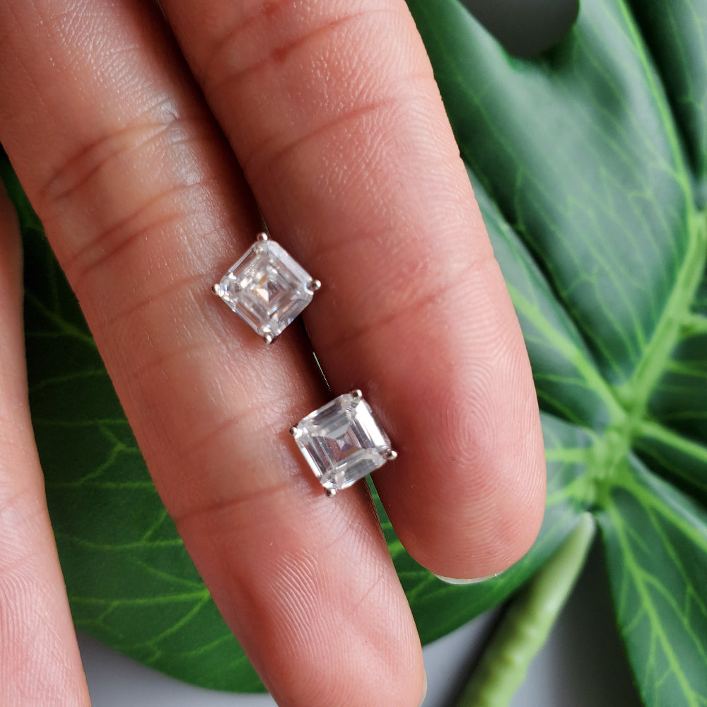 925 Silver Moissanite Asscher Cut Studs Earrings