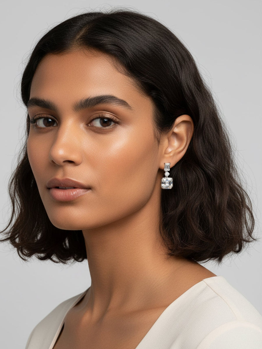 925 Sterling Silver Asscher and Emerald Cut Drop Moissanite Earrings