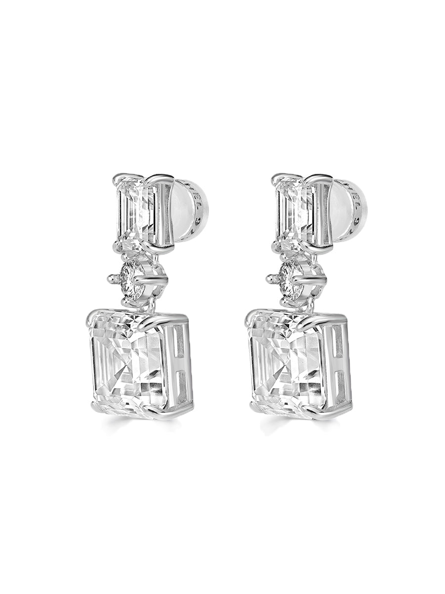 925 Sterling Silver Asscher and Emerald Cut Drop Moissanite Earrings