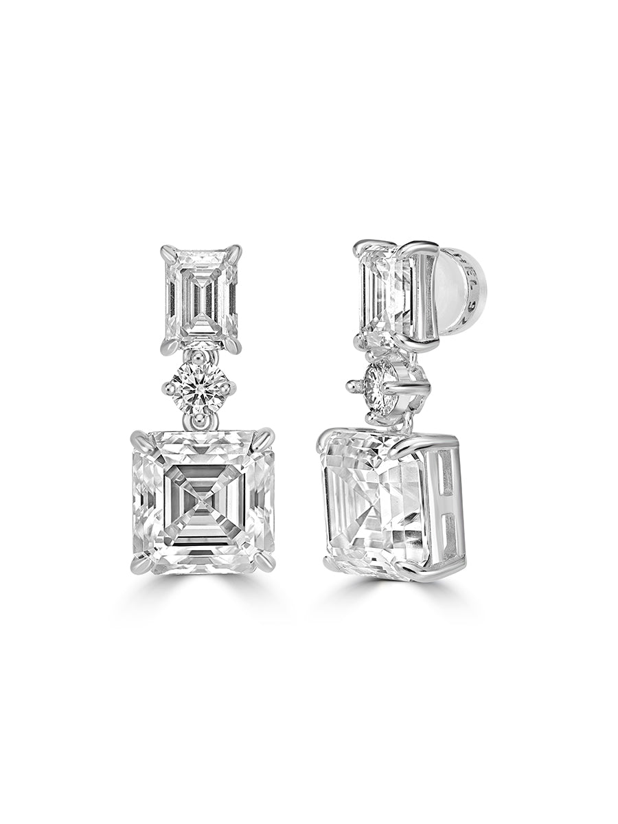 925 Sterling Silver Asscher and Emerald Cut Drop Moissanite Earrings