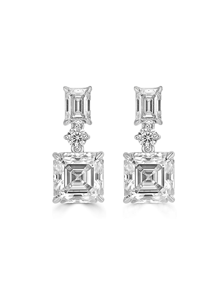 925 Sterling Silver Asscher and Emerald Cut Drop Moissanite Earrings