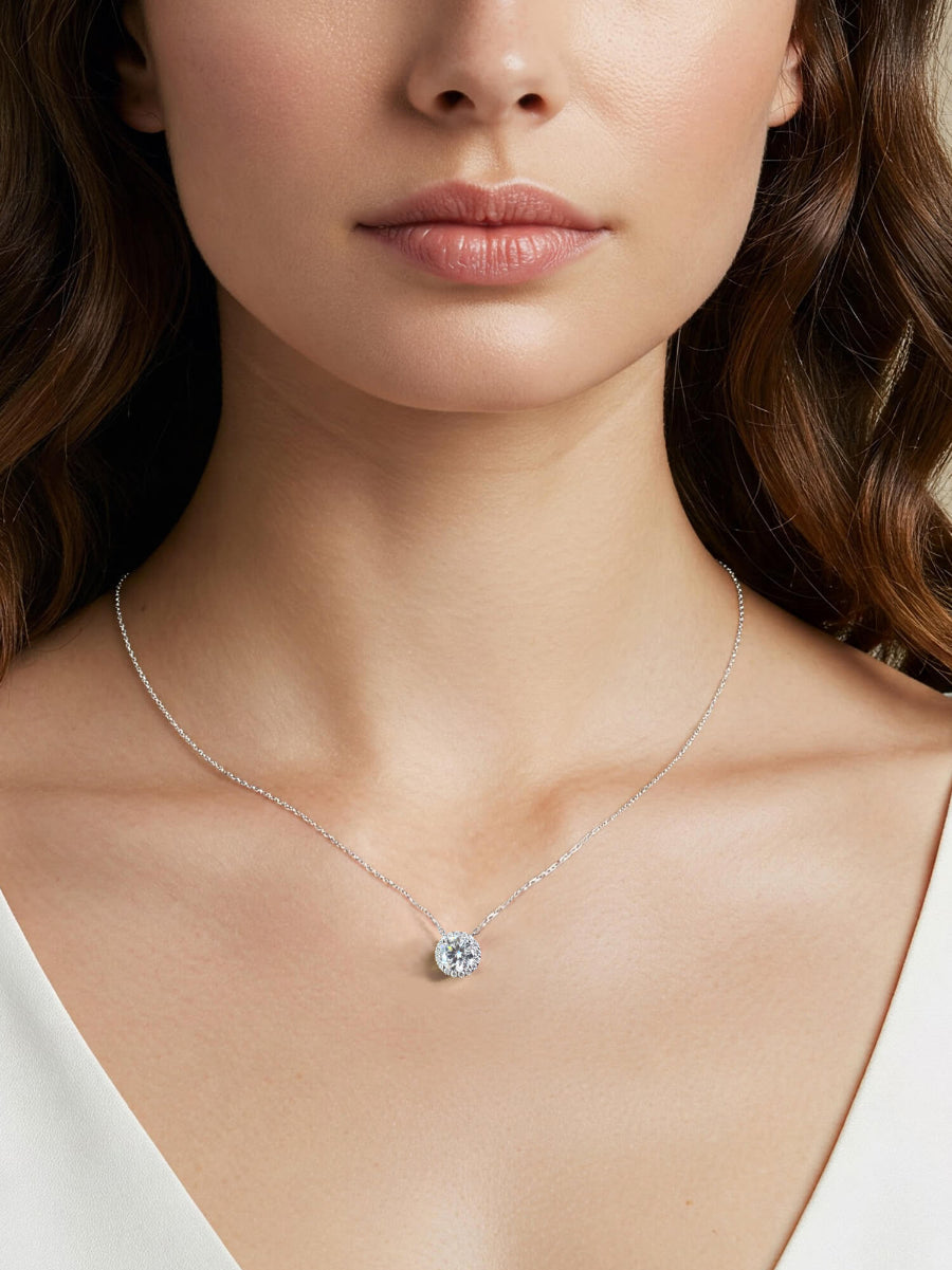 14K Solid White Round Cut Moissanite Halo Setting Necklace