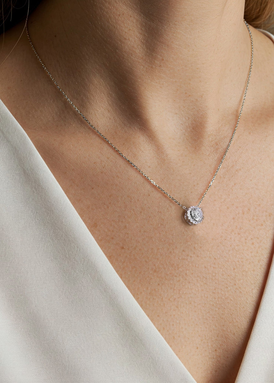 14K Solid White Round Cut Moissanite Halo Setting Necklace