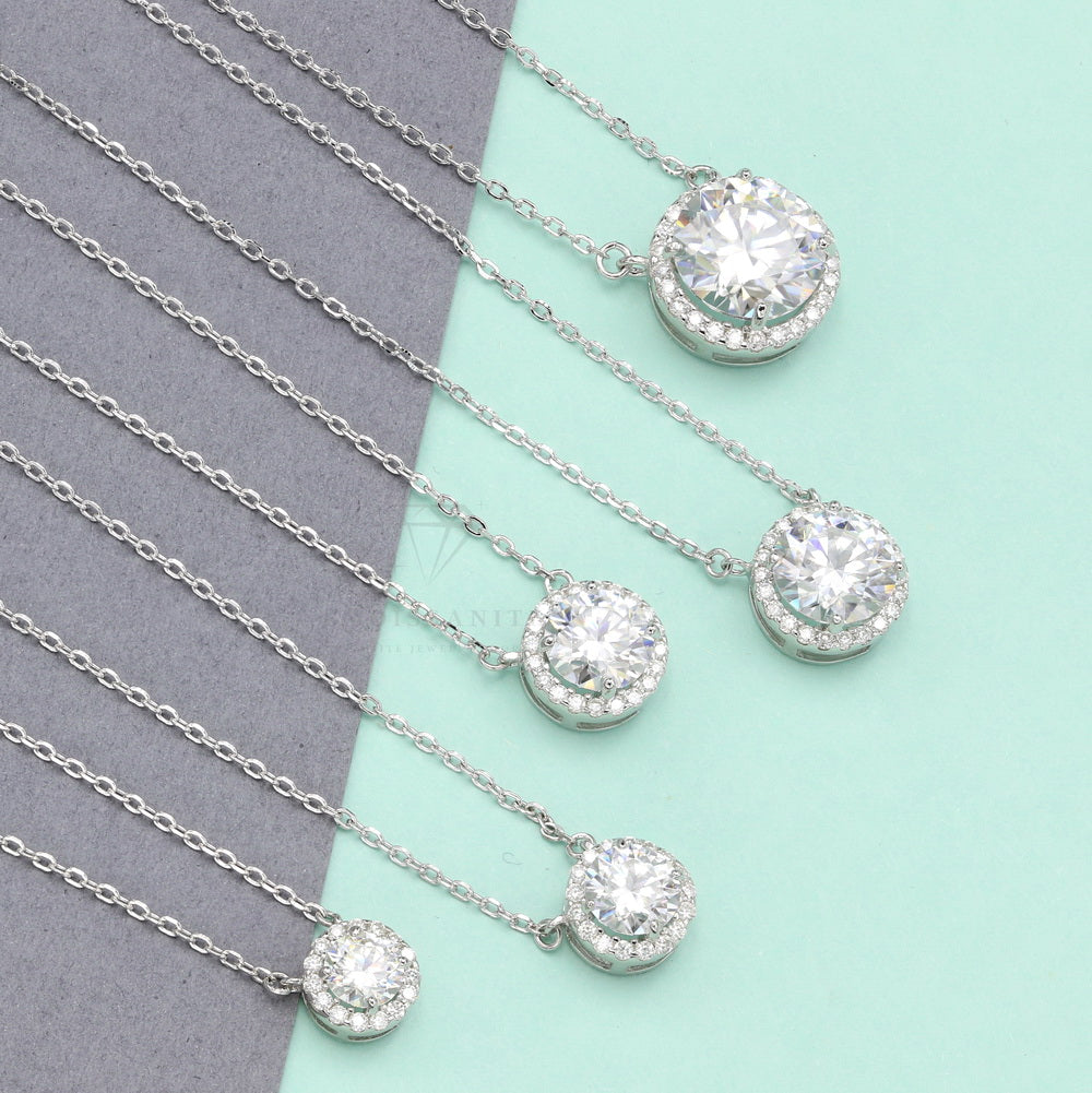 925 Silver Round Cut Moissanite Halo Setting Necklace