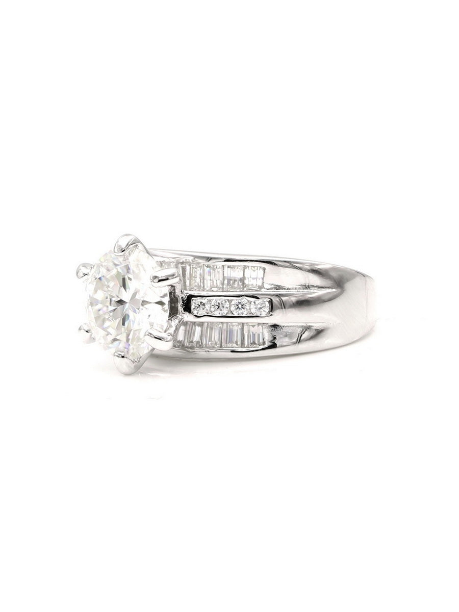 925 Silver Round & Baguette Moissanite Engagement Ring