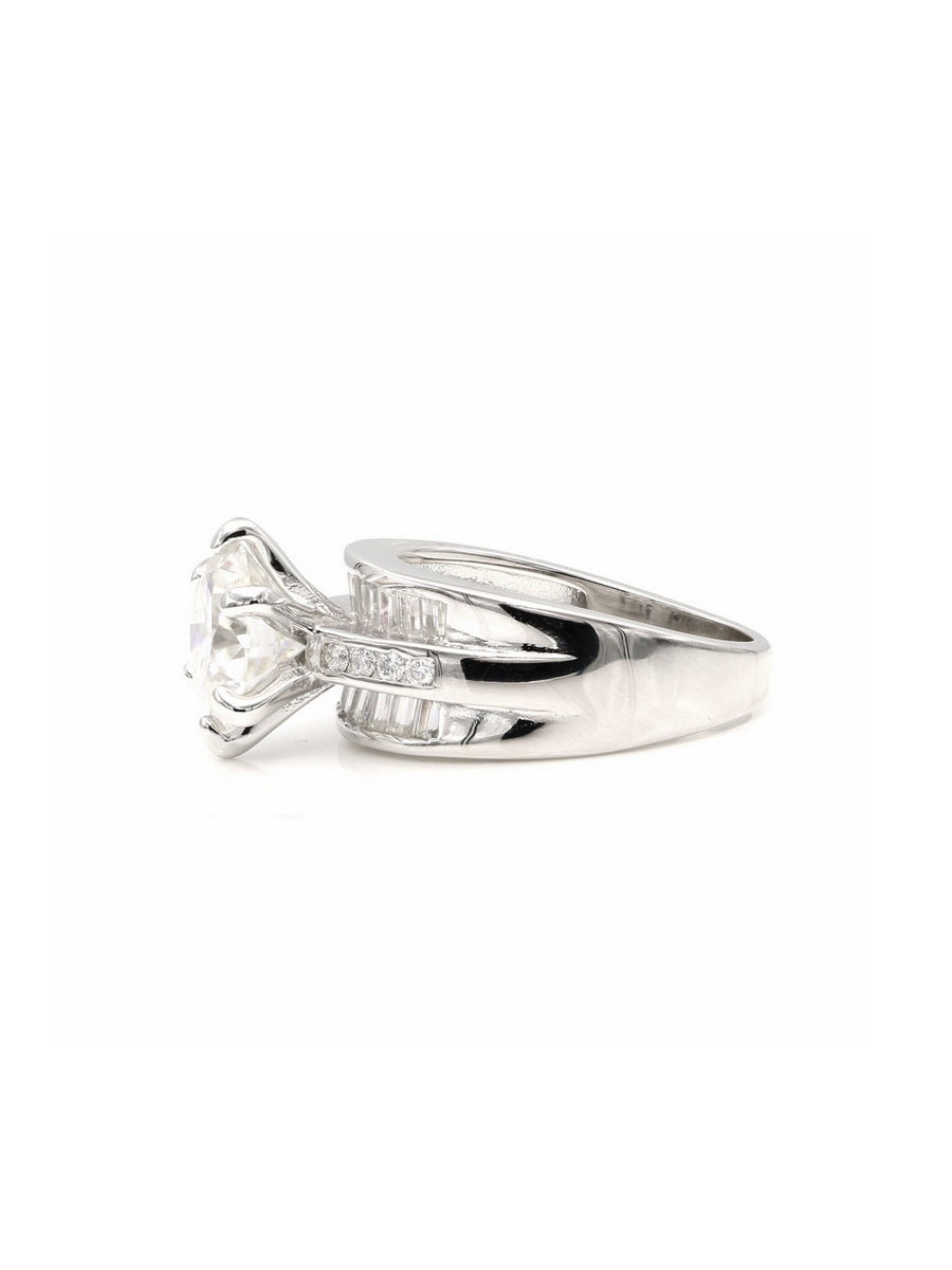 925 Silver Round & Baguette Moissanite Engagement Ring