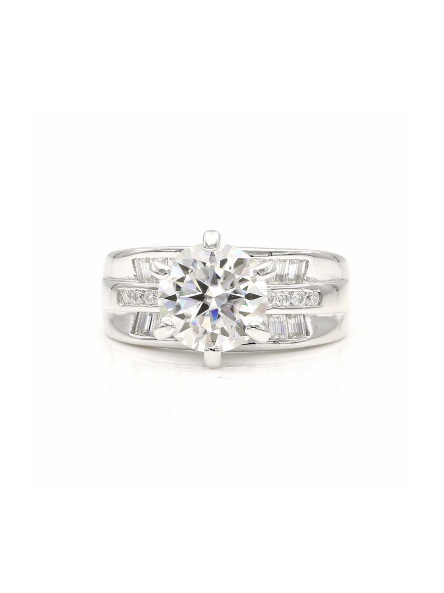 925 Silver Round & Baguette Moissanite Engagement Ring