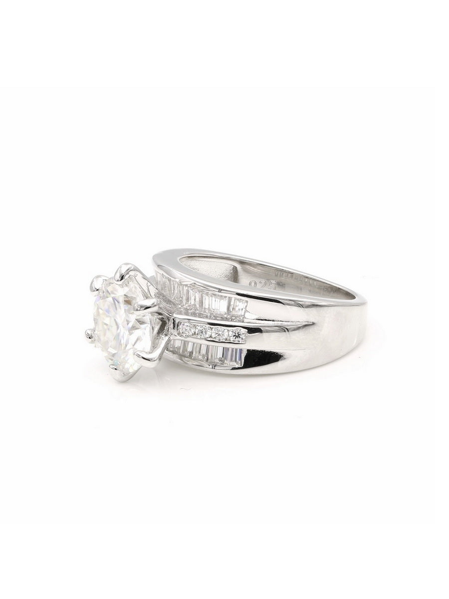 925 Silver Round & Baguette Moissanite Engagement Ring