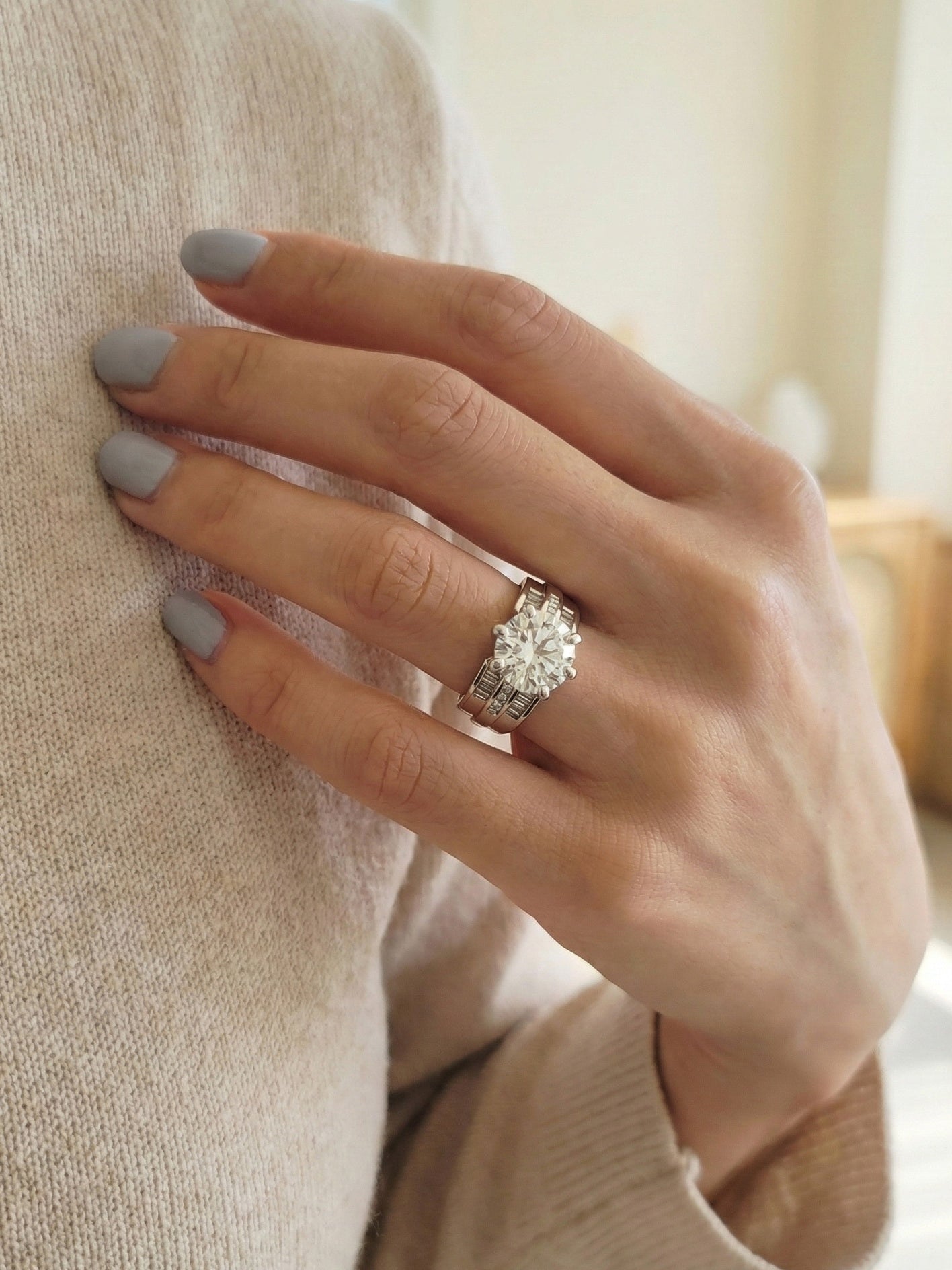 925 Silver Round & Baguette Moissanite Ring