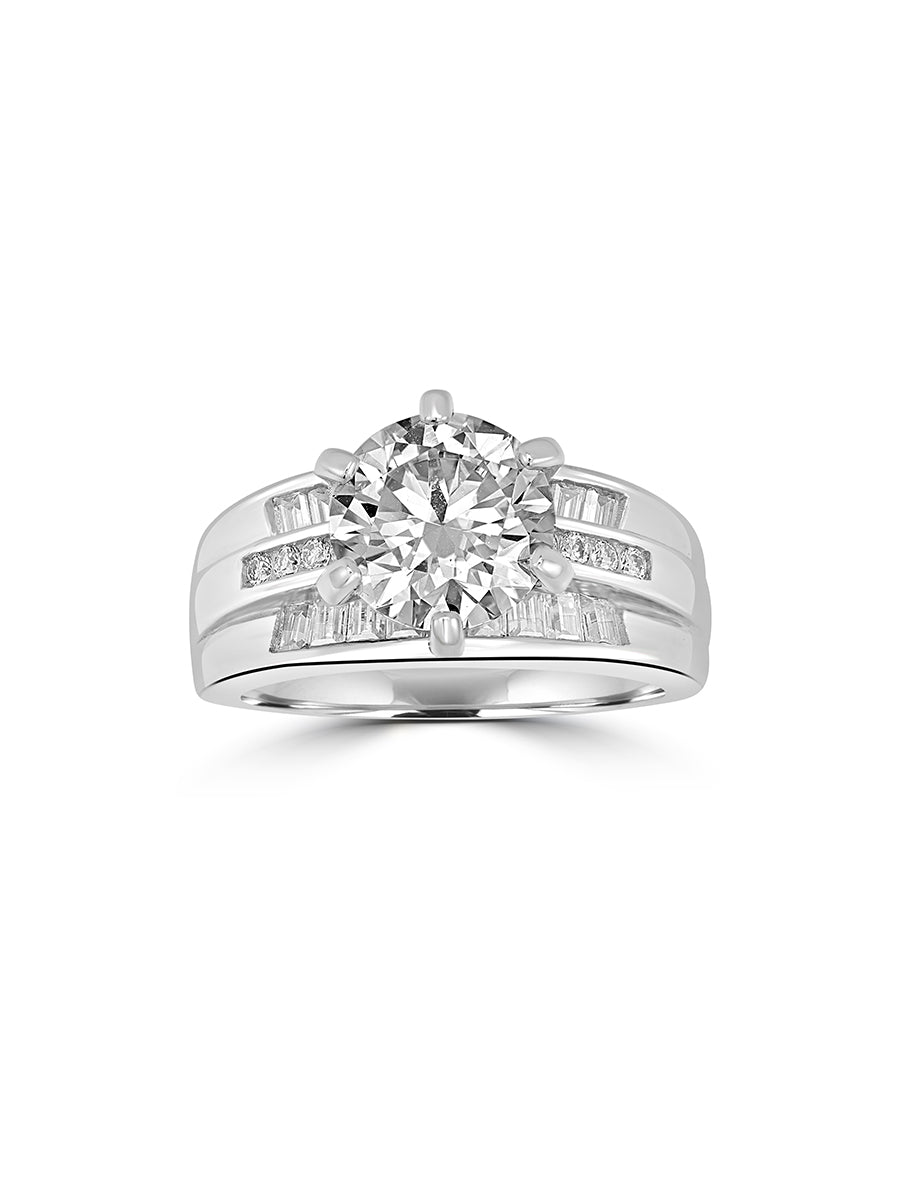 925 Silver Round & Baguette Moissanite Engagement Ring