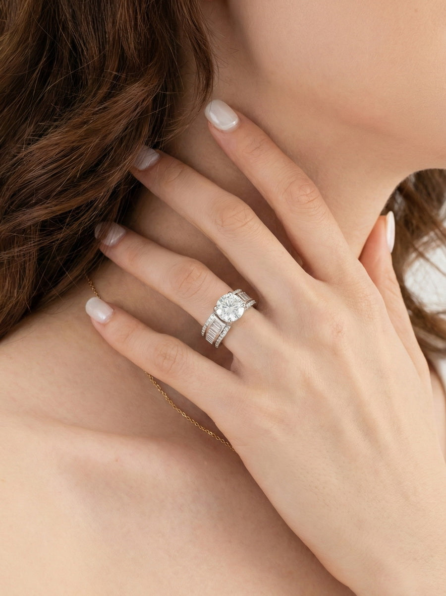 925 Silver Bold Round and Baguette Engagement Ring