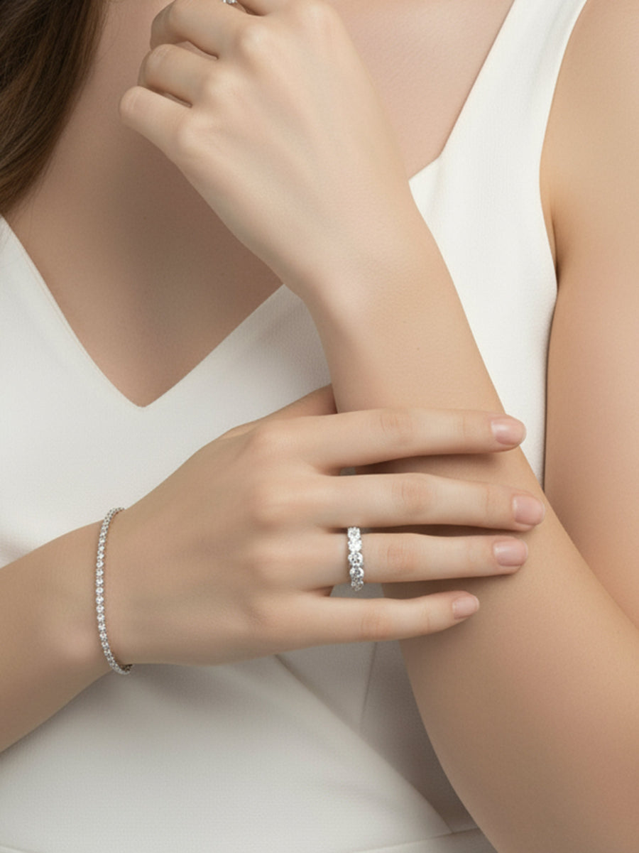 925 Silver Five Stone Moissanite Wedding Band Ring