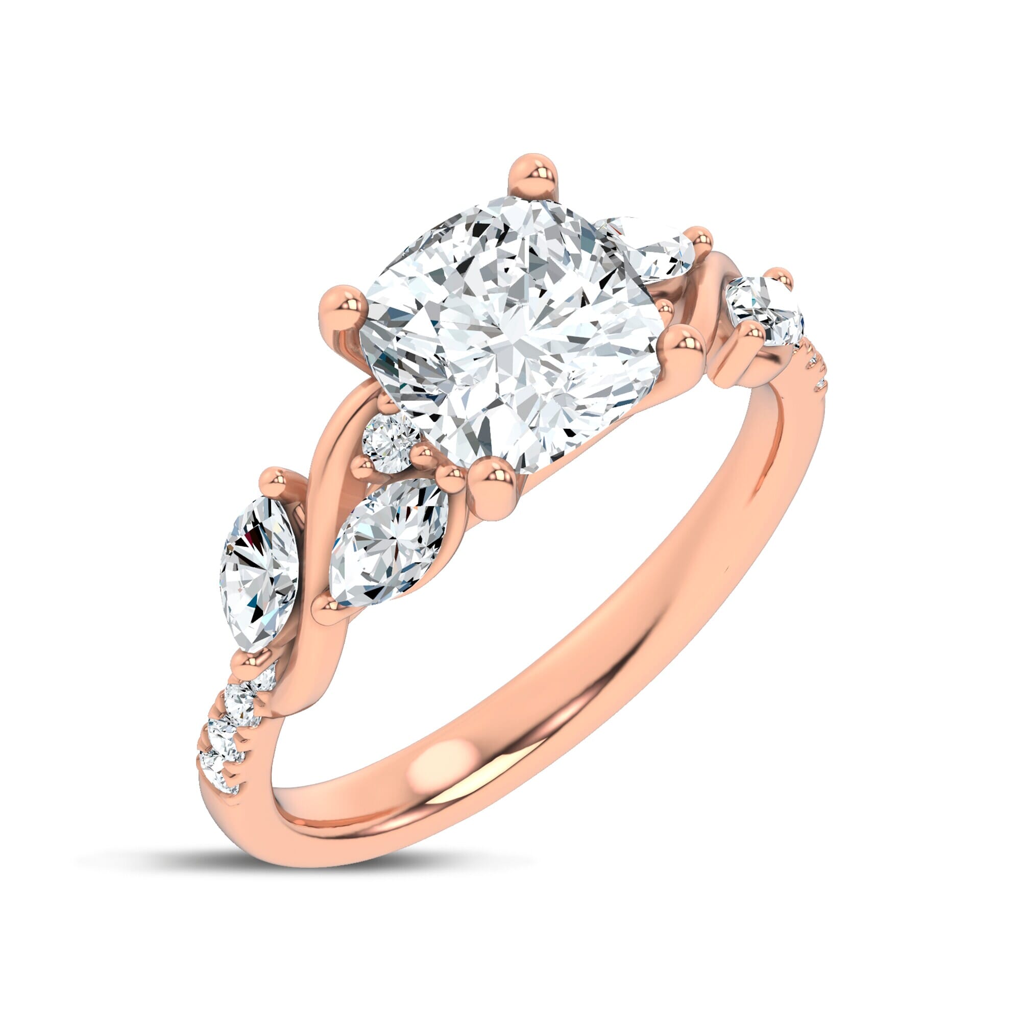 Curved Vine Diamond Cushion Engagement Ring