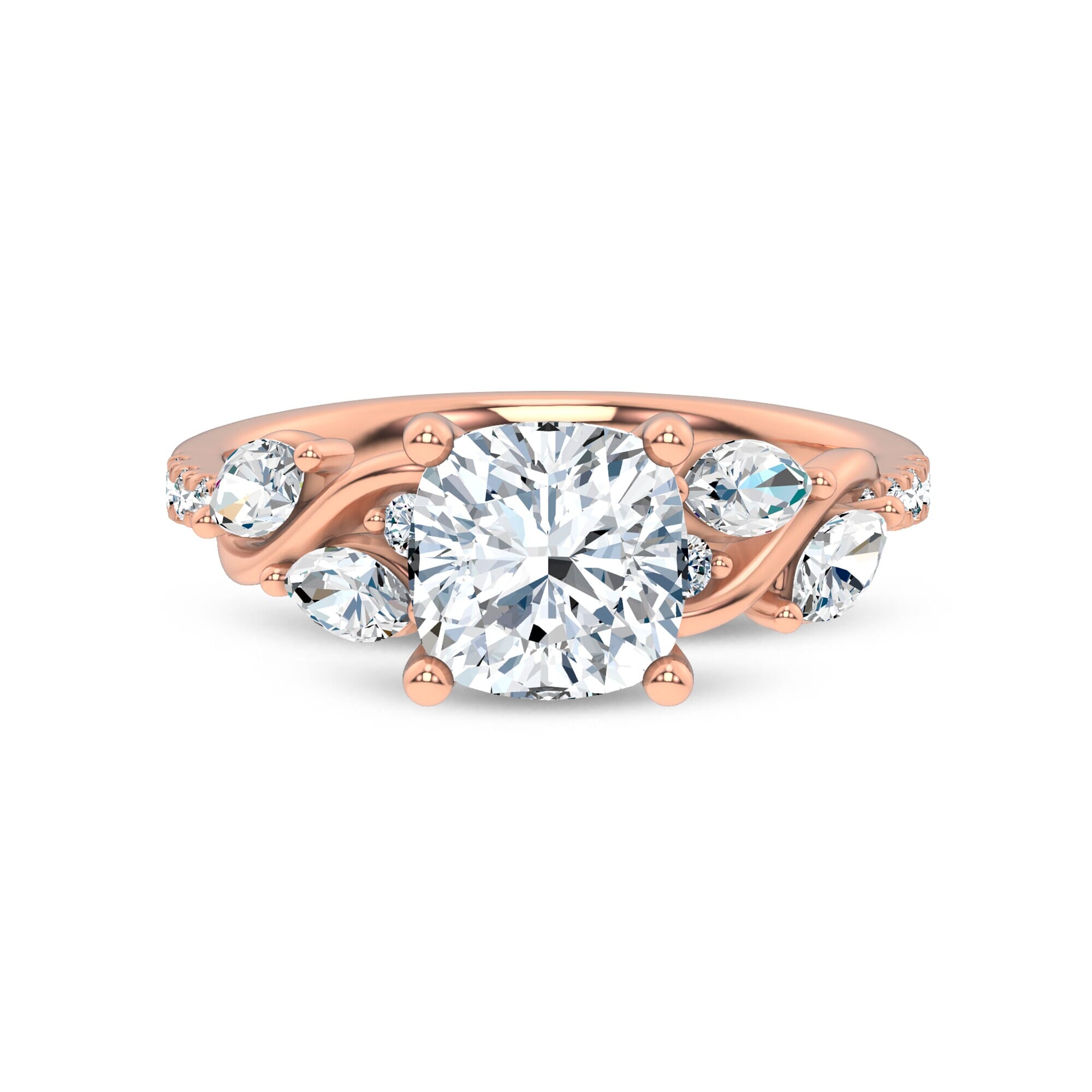 Curved Vine Diamond Cushion Engagement Ring