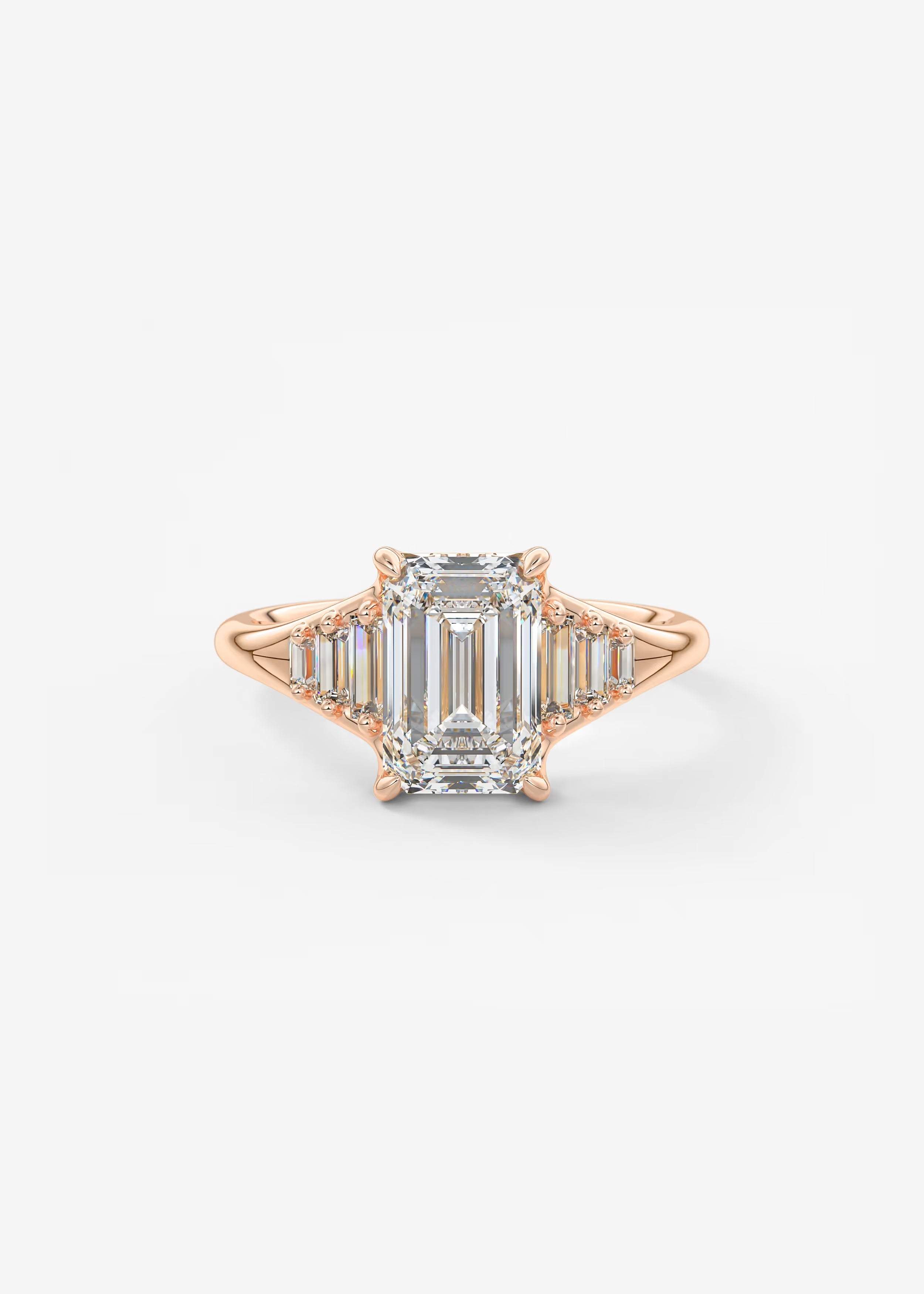 Emerald & Baguette Three Stone Split Shank Engagement Ring