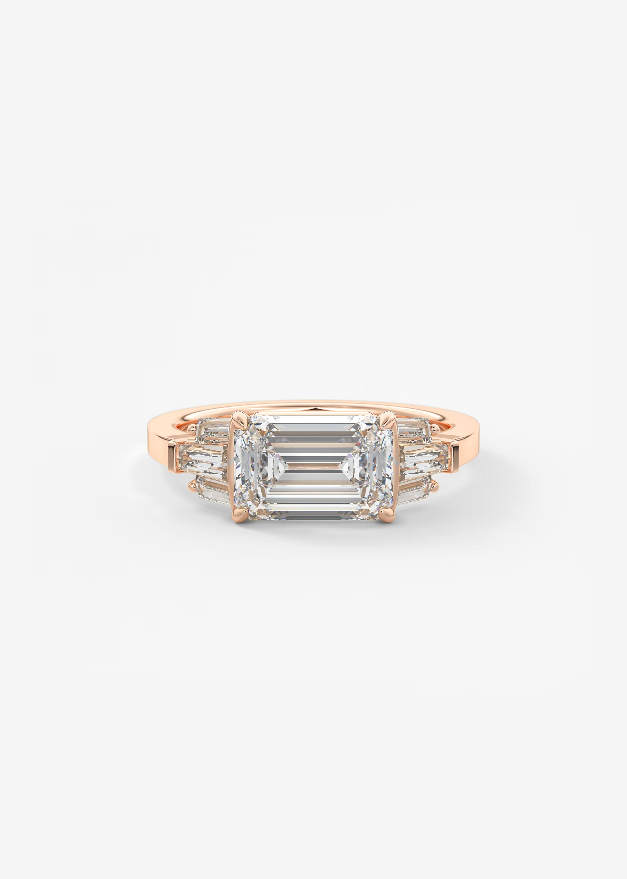 East West Emerald Cut Seven Stone Engagement Ring with Baguette Diamond Accents