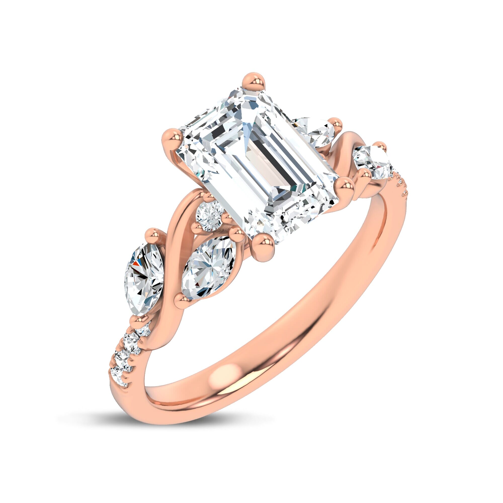 Curved Vine Diamond Emerald Engagement Ring