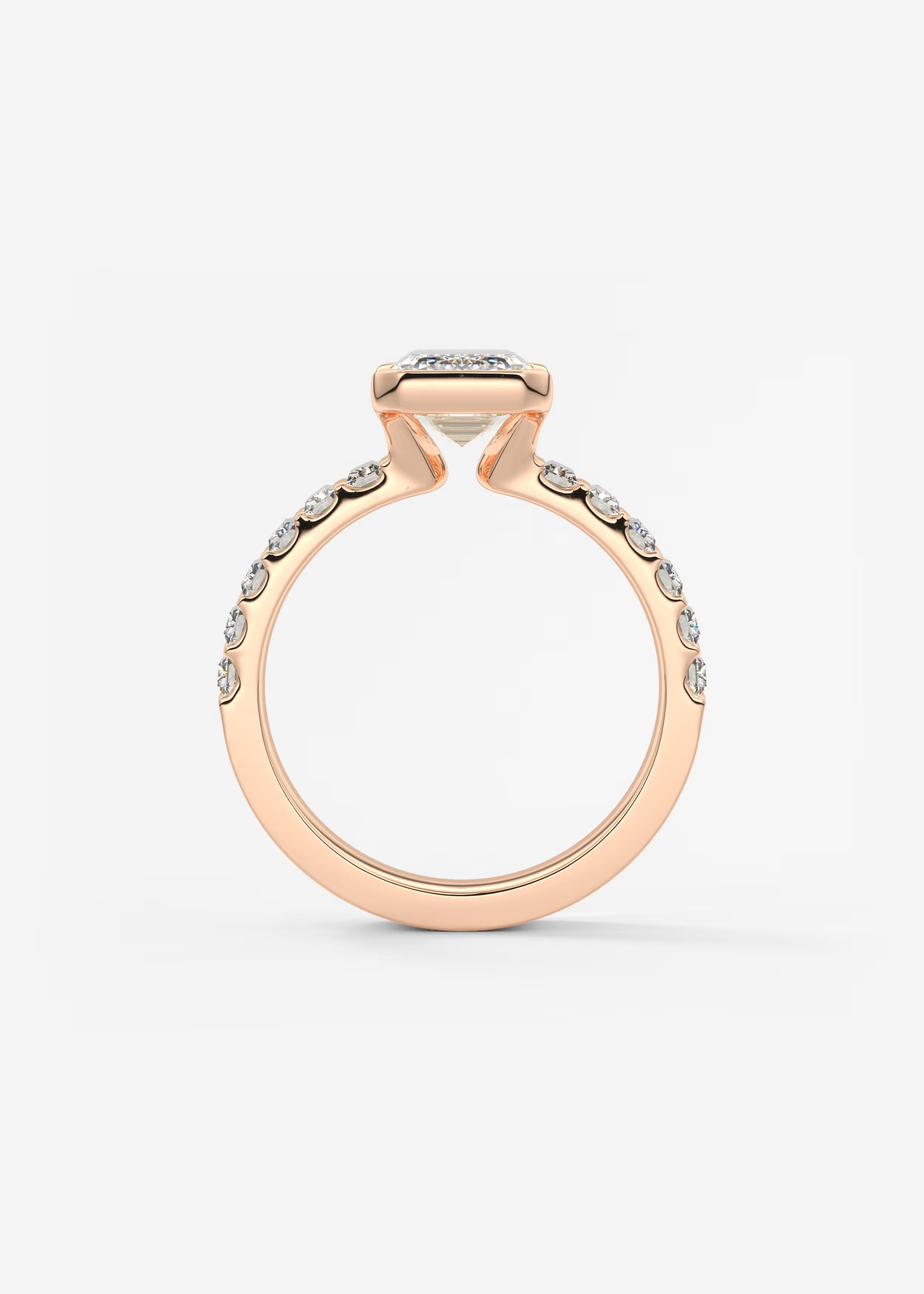 Emerald Cut Half Bezel Engagement Ring with Baguette Cut Diamond Band