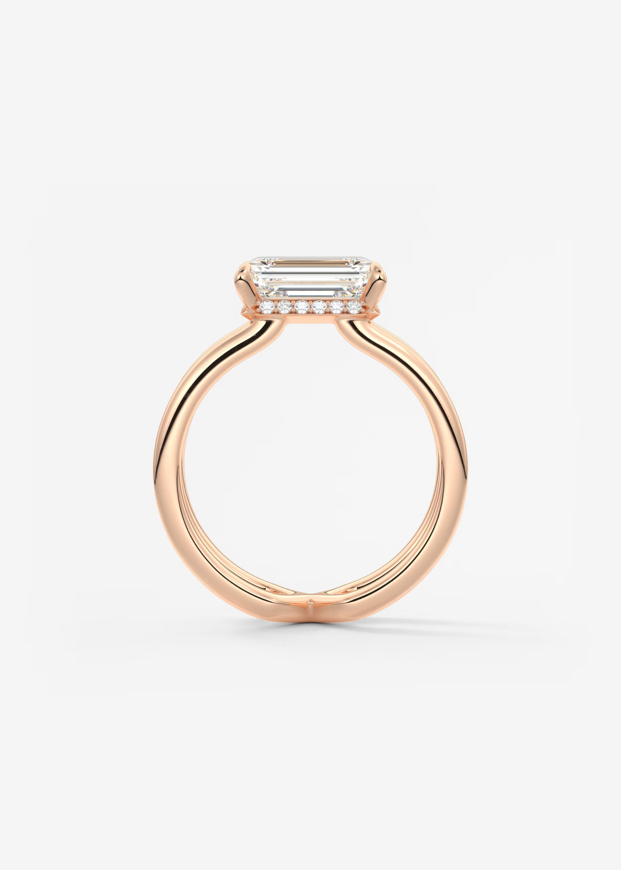 Parallel Split Shank Emerald Cut Engagement Ring with Knife Edge Hidden Halo