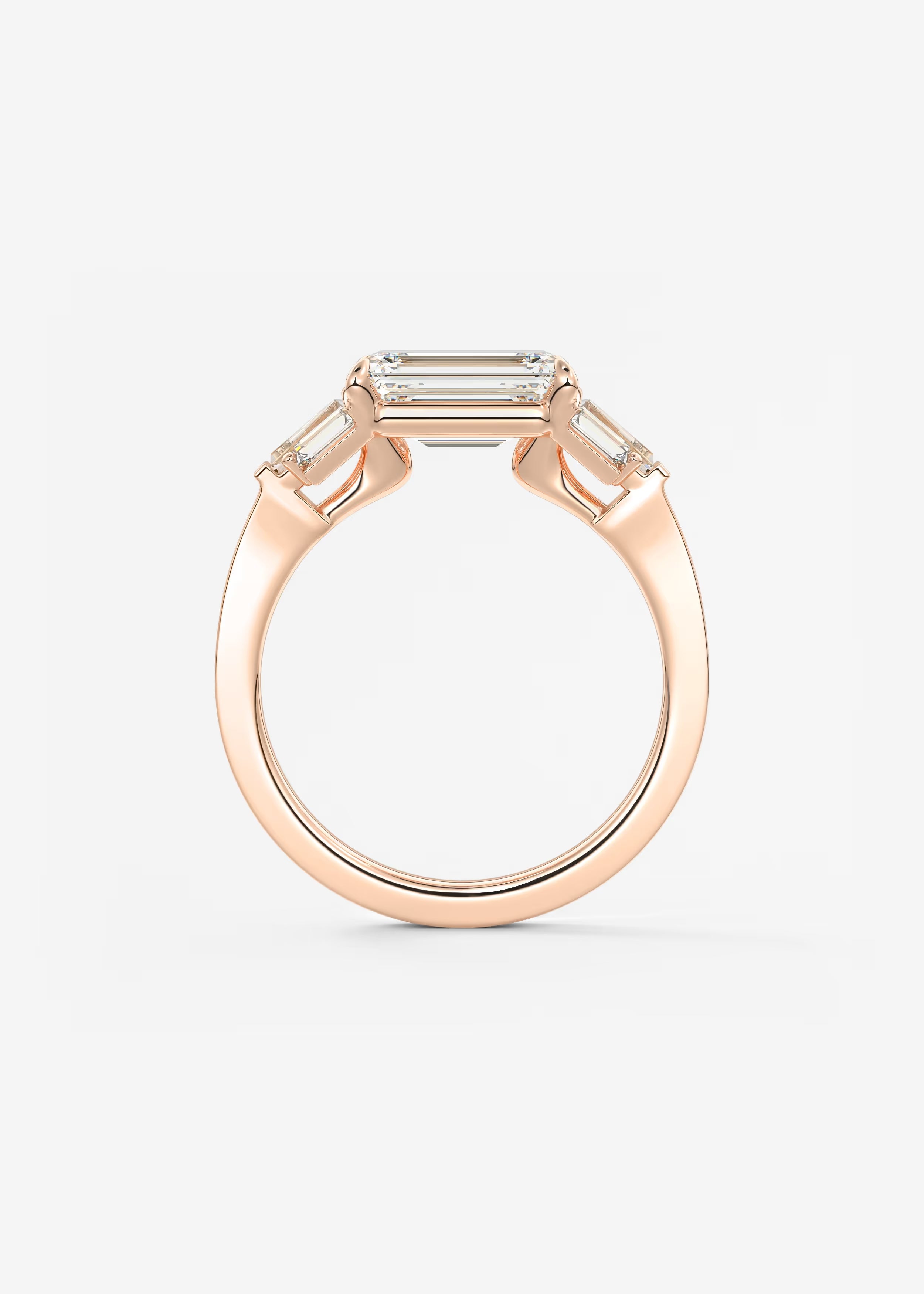 East West Emerald Cut Seven Stone Engagement Ring with Baguette Diamond Accents