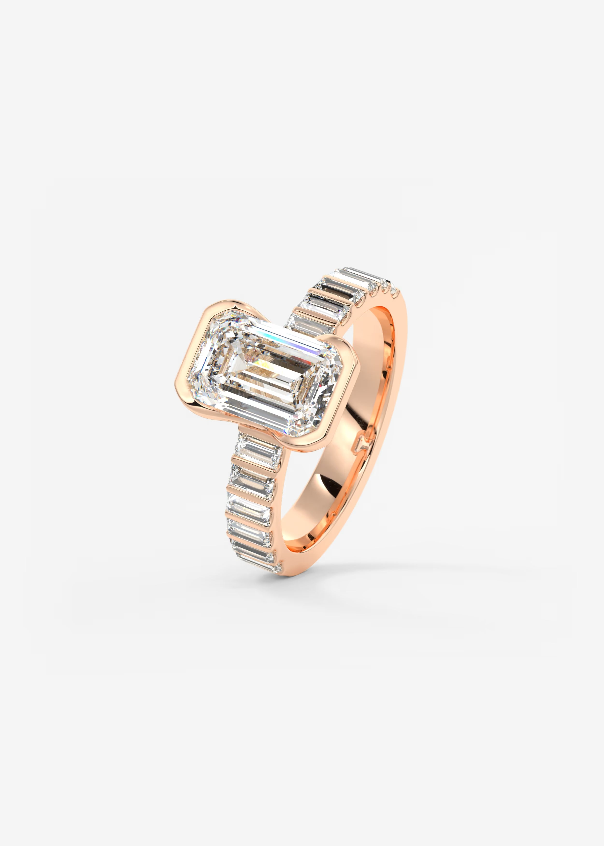 Emerald Cut Half Bezel Engagement Ring with Baguette Cut Diamond Band