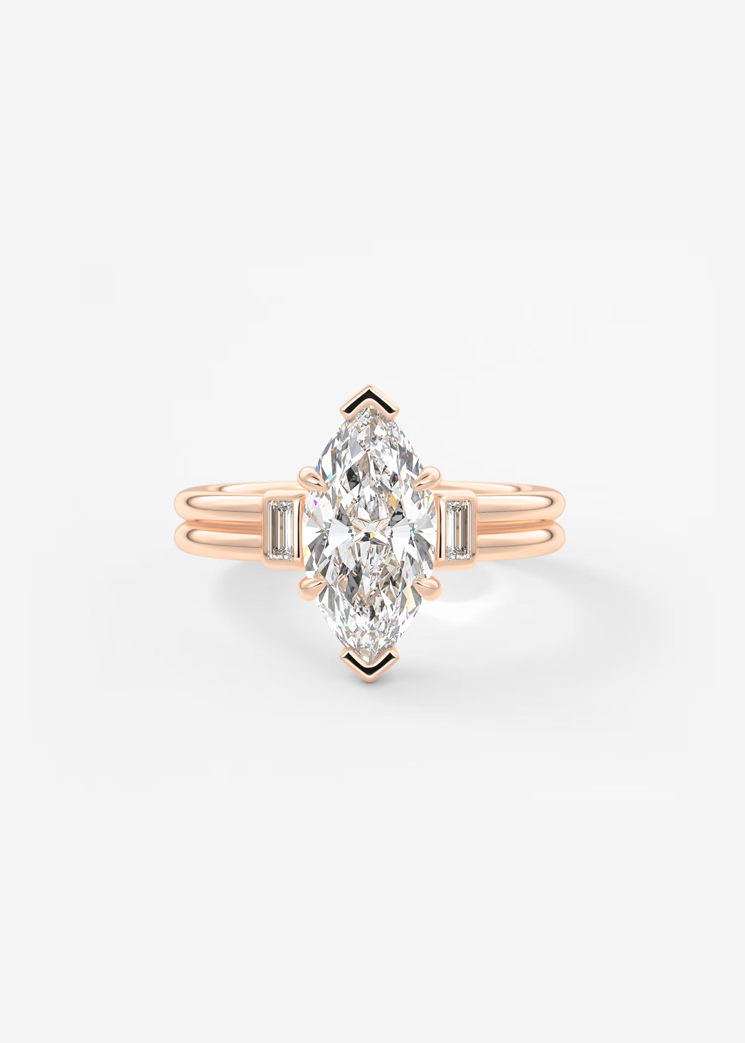 Marquise Cut Three Stone Engagement Ring with Double Band and Baguette Diamond Accents