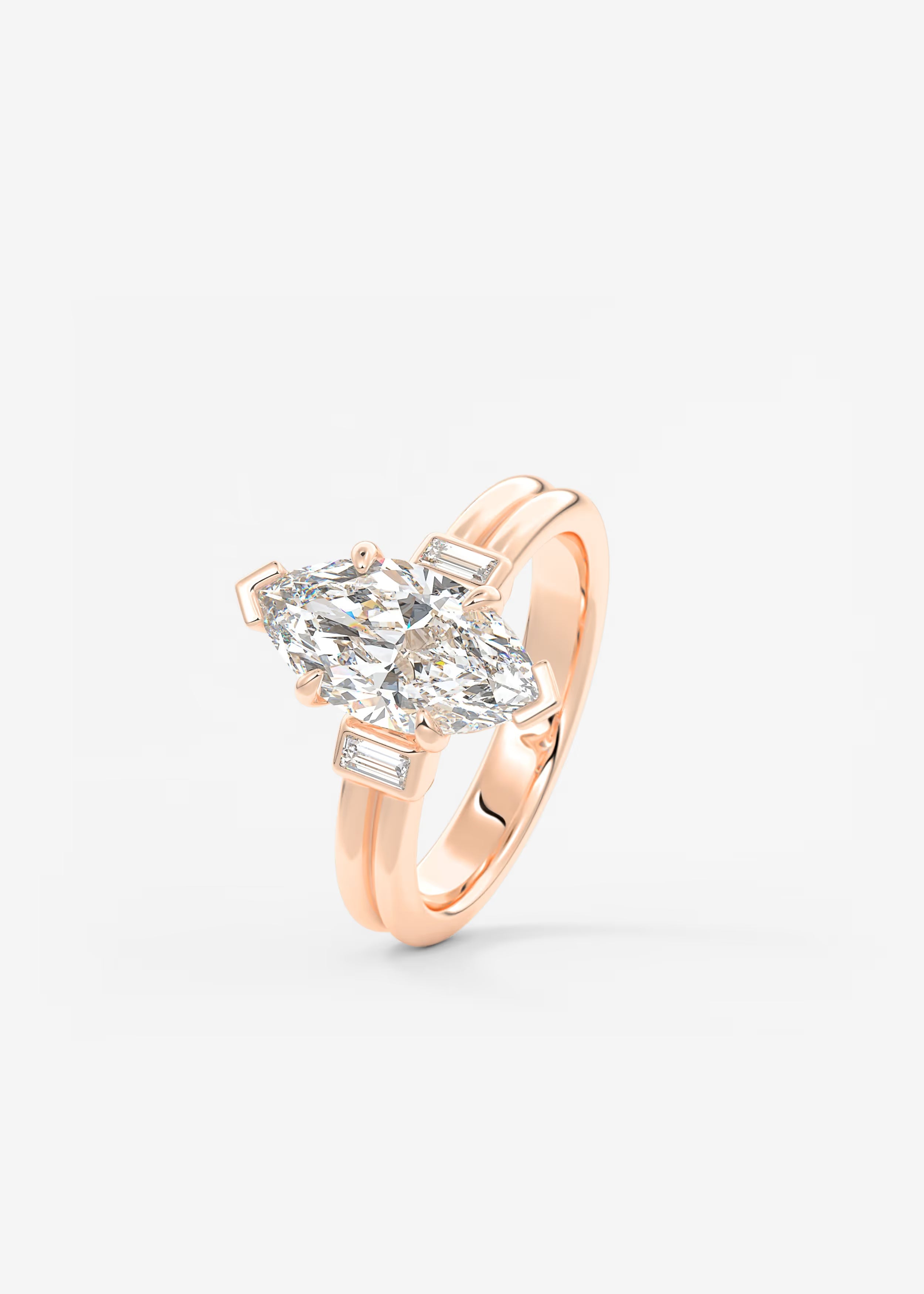 Marquise Cut Three Stone Engagement Ring with Double Band and Baguette Diamond Accents