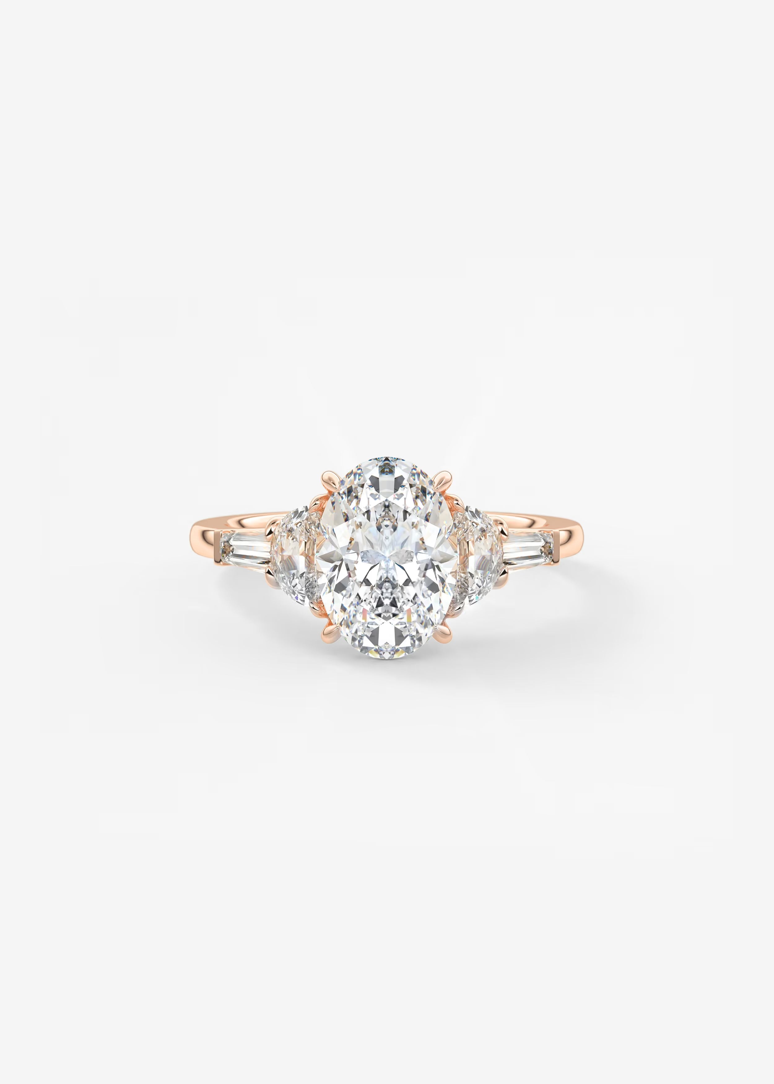Oval Cut Five Stone Engagement Ring with Half Moons and Tapered Baguettes