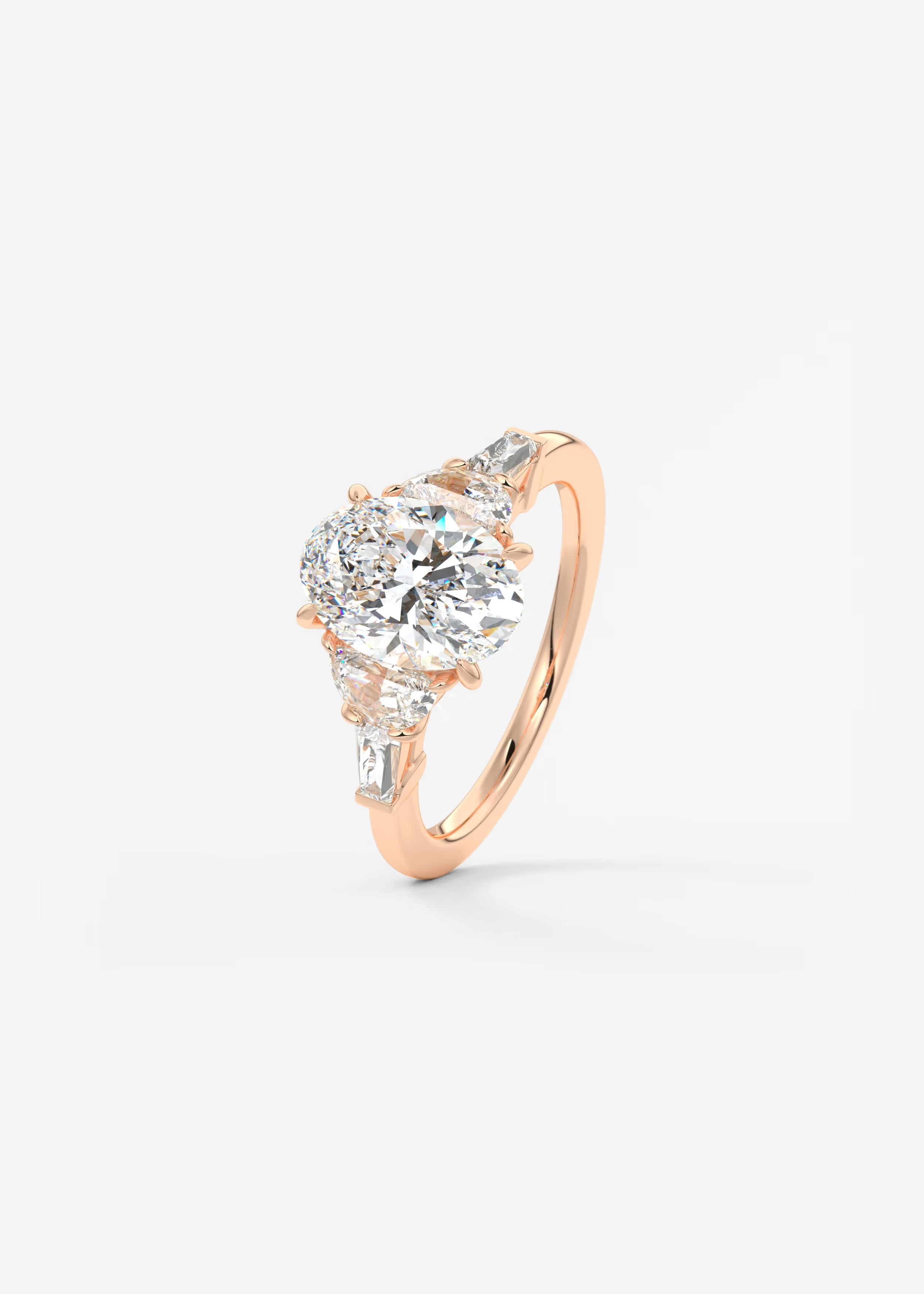 Oval Cut Five Stone Engagement Ring with Half Moons and Tapered Baguettes