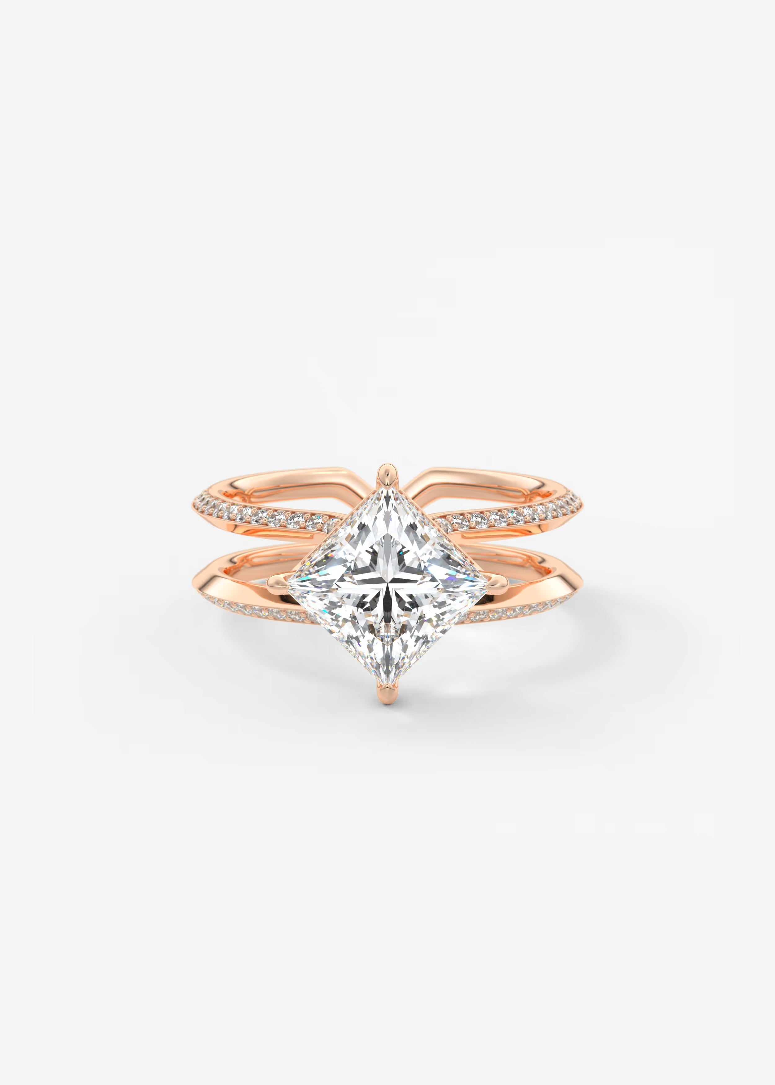 Parallel Split Shank Princess Cut Engagement Ring with Knife Edge Hidden Halo and Pavé